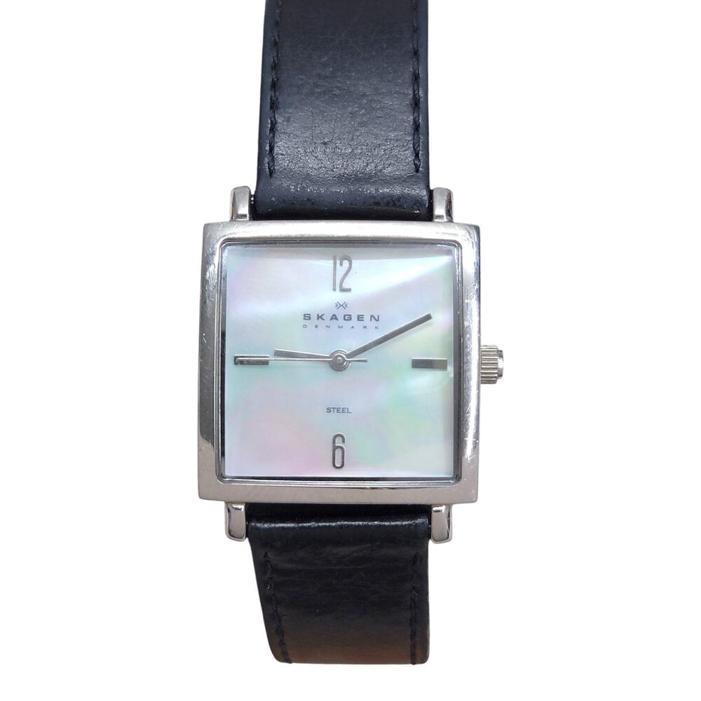 Skagen Denmark Womens Square Mother of Pearl Dial Steel Black Leather Watch